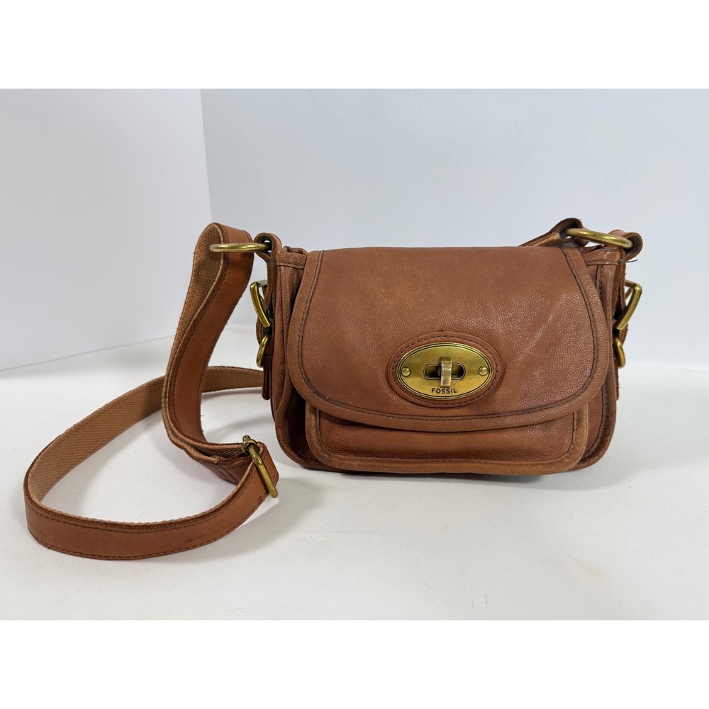 Fossil Brown Leather Long Live Vintage Crossbody Turnlock Messenger Small Bag - Picture 4 of 10